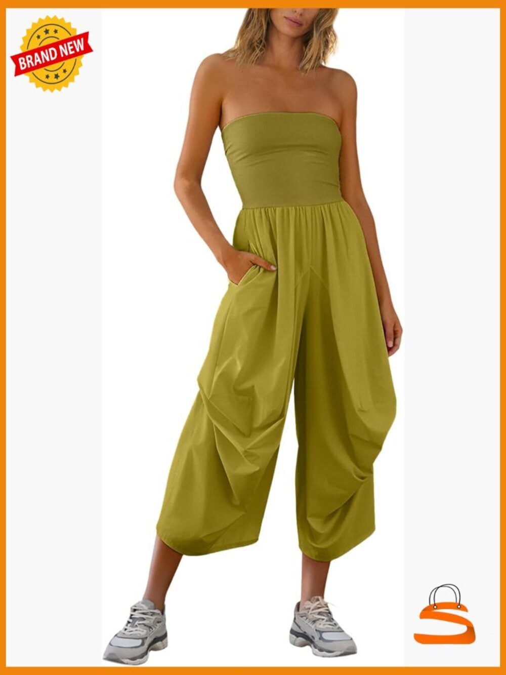 Strapless Tube Top Harem Jumpsuit Romper with Pockets